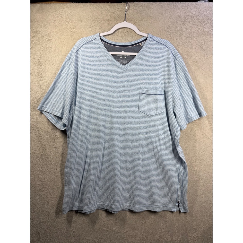 Tommy Bahama T-Shirt Mens XXL Blue Striped V-Neck Pocket Recycled Cotton Blend